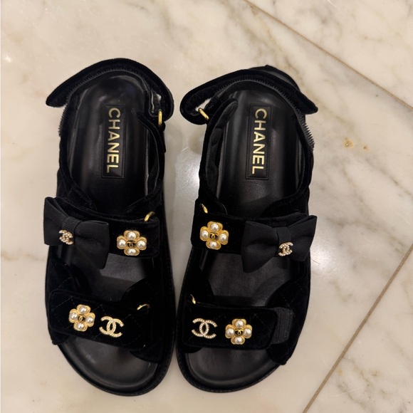 CHANEL Shoes - CHANEL Black Sandals with Bow and Pearl Details